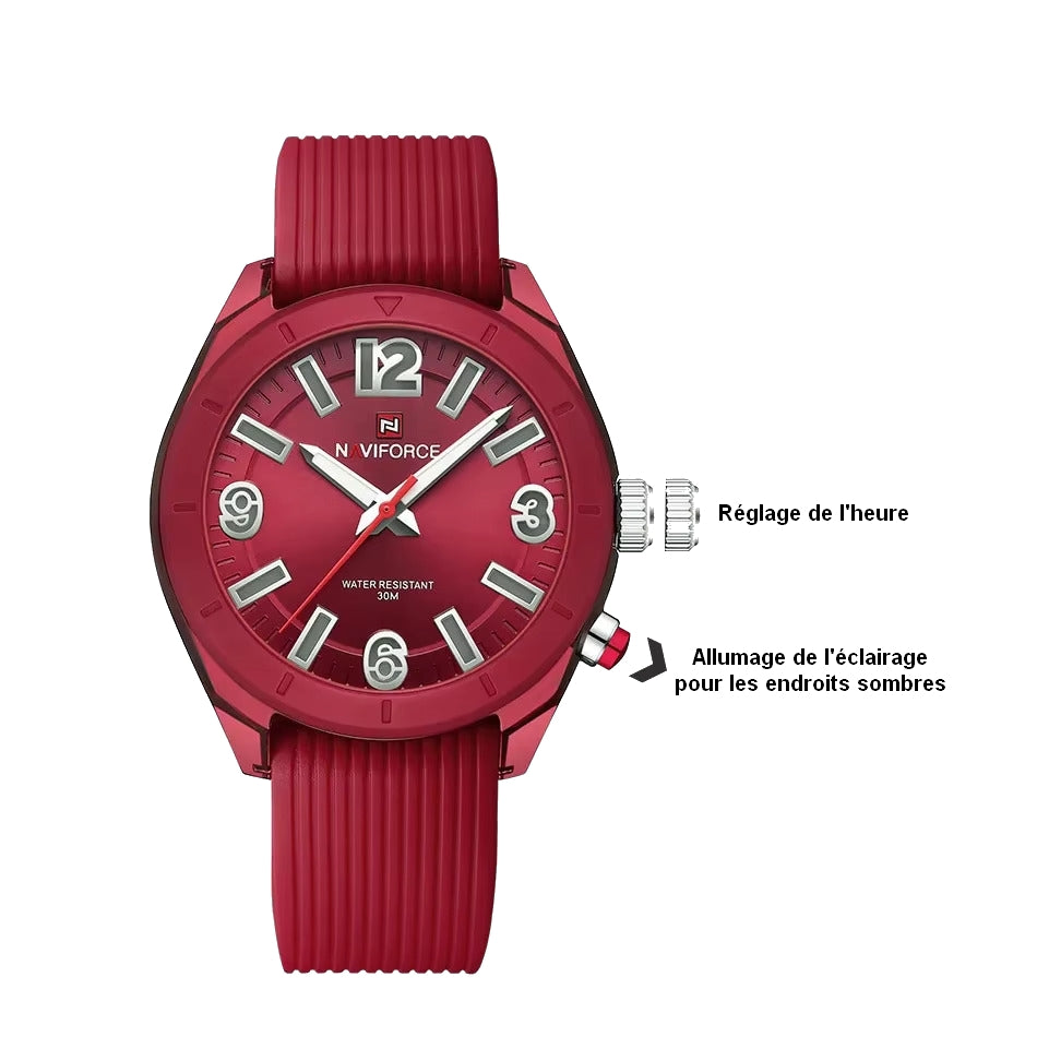 montre femme bracelet silicone rouge bouton éclairage