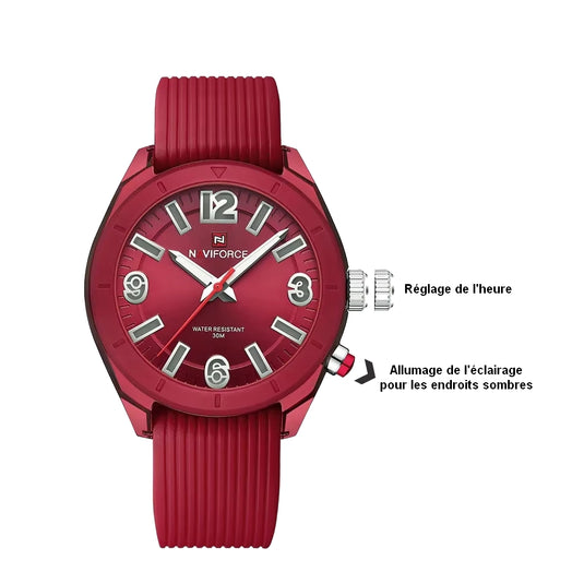 montre femme bracelet silicone rouge bouton éclairage