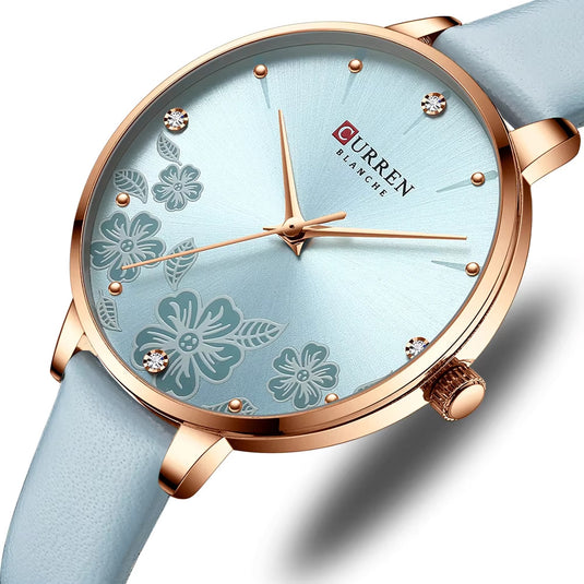 Montre Femme Cadran Bleu, Bracelet en Cuir Bleu • SAPHYR