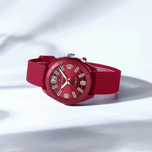 montre femme bracelet silicone rouge photo incliné