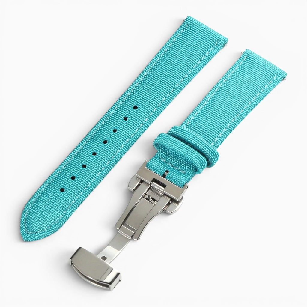 Bracelet montre toile de voile avec fermoir papillon bleu ciel