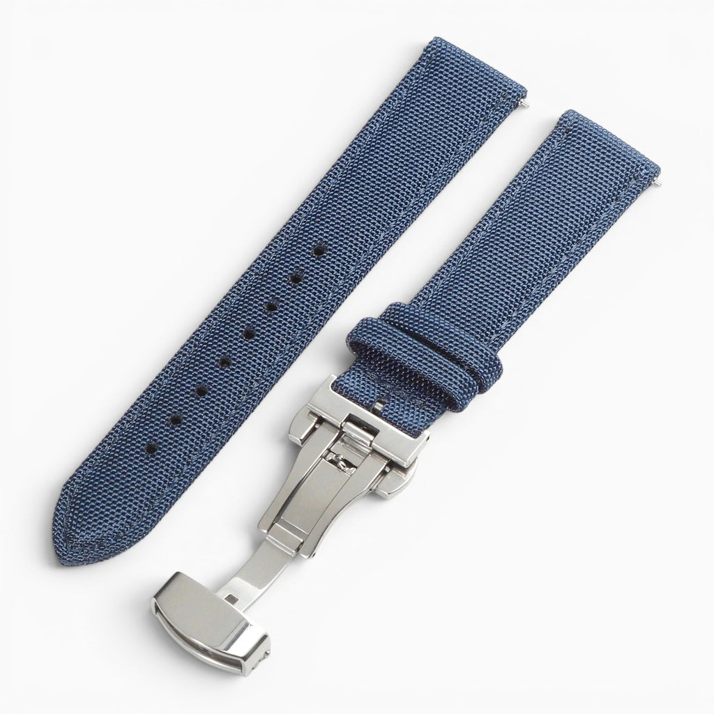 Bracelet montre toile de voile avec fermoir papillon bleu marine