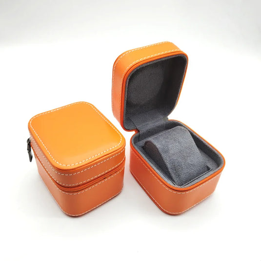 etui montre cuir orange fermeture zippee