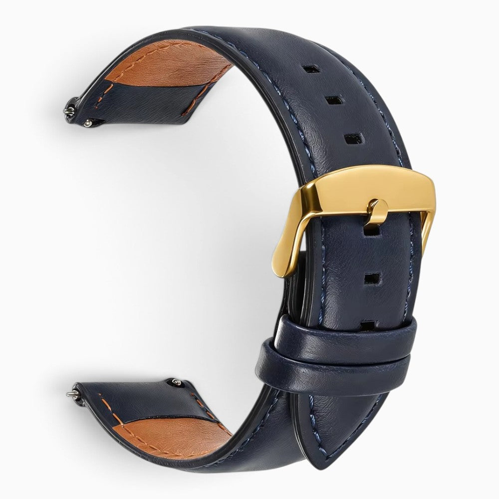 bracelet montre cuir bleu marine boucle dorée