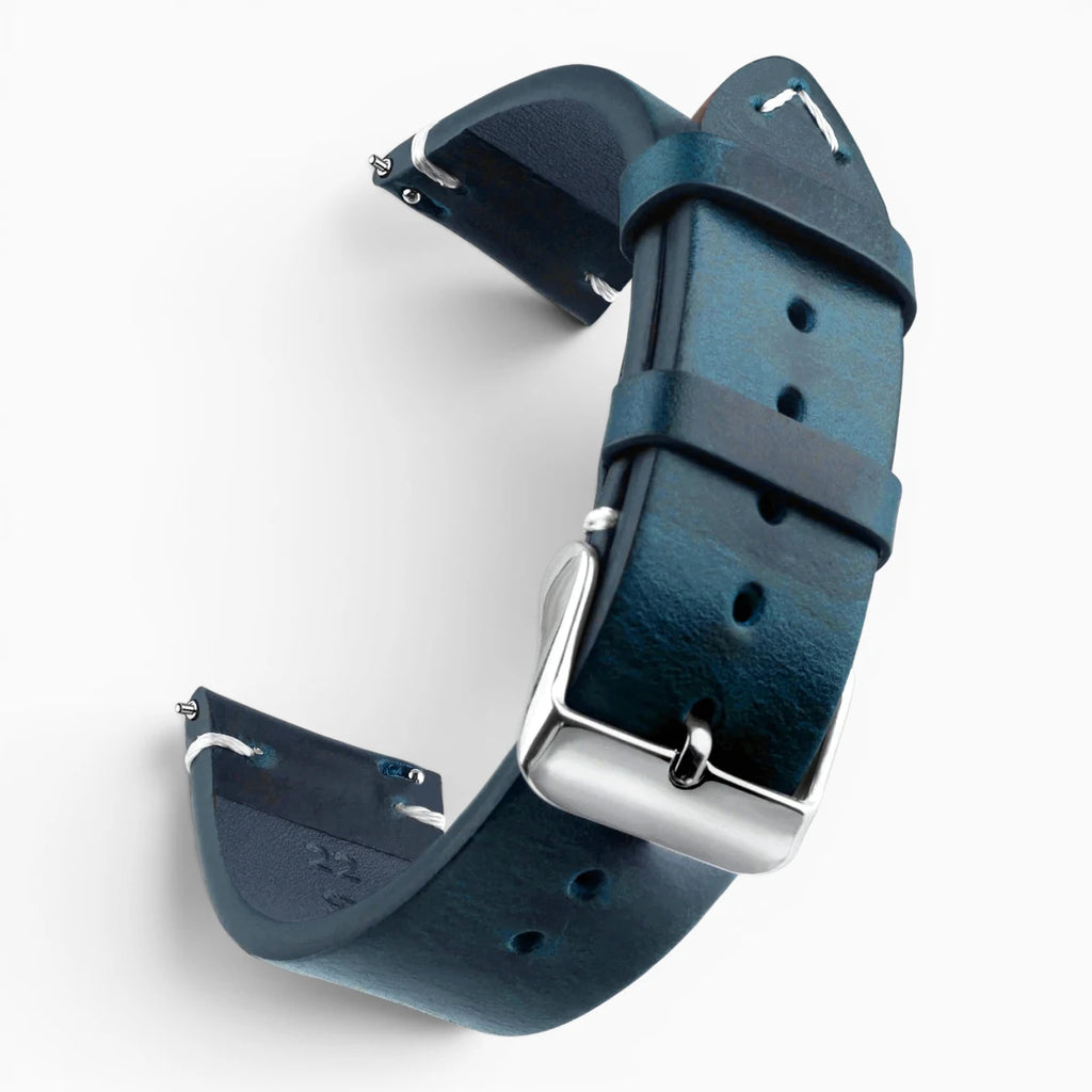 Bracelet montre rétro en cuir ciré bleu marine