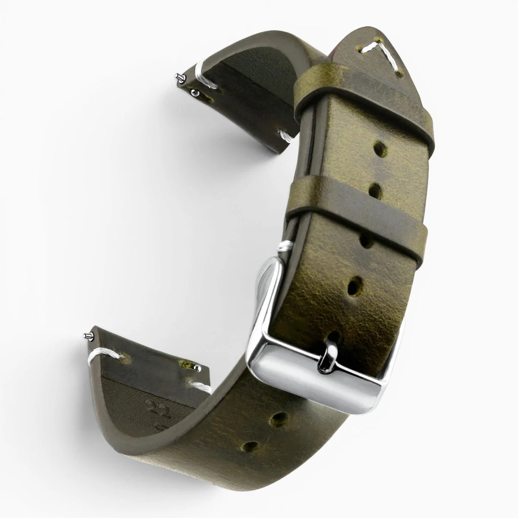 Bracelet montre rétro en cuir ciré kaki