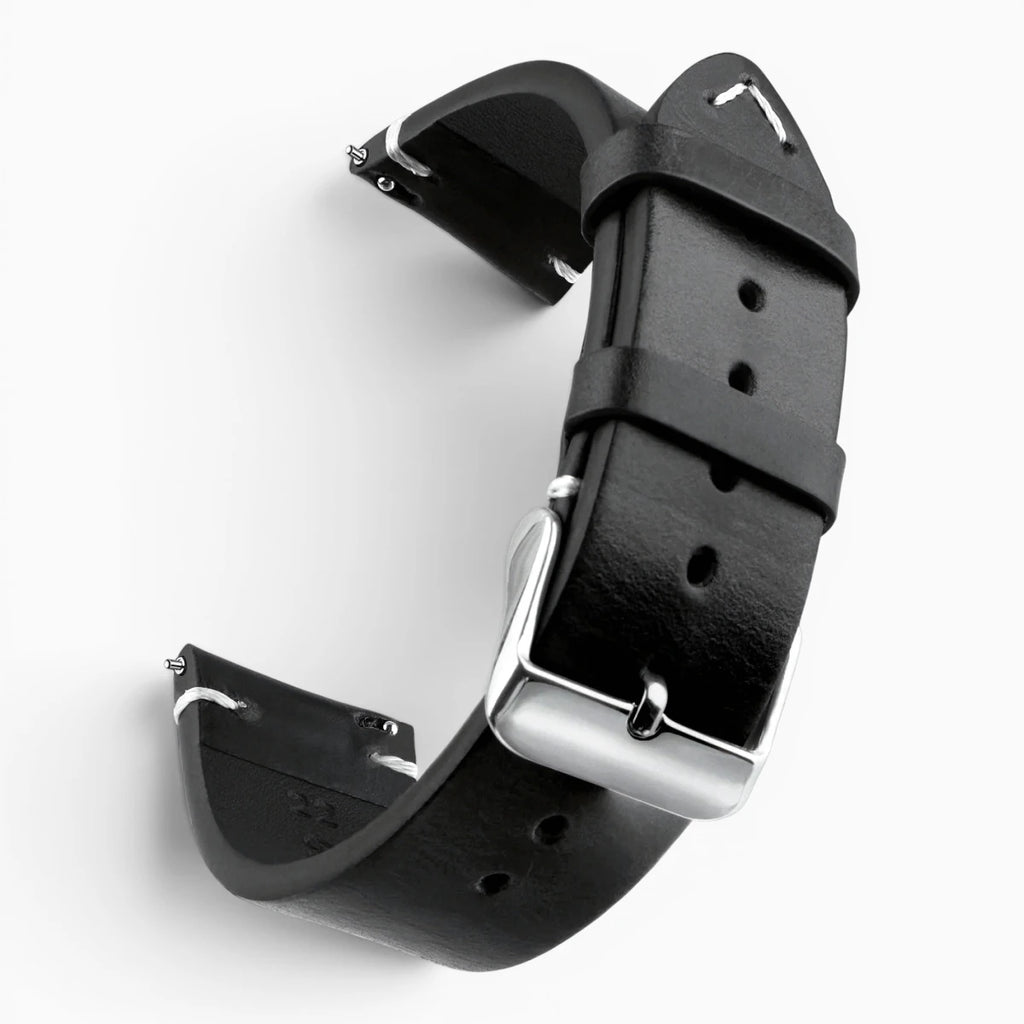 Bracelet montre rétro en cuir ciré noir