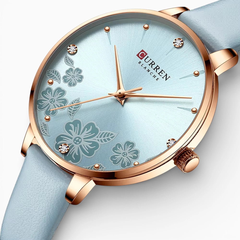 Montre Femme Bleu Ciel Bracelet Cuir avec Motifs Fleurs