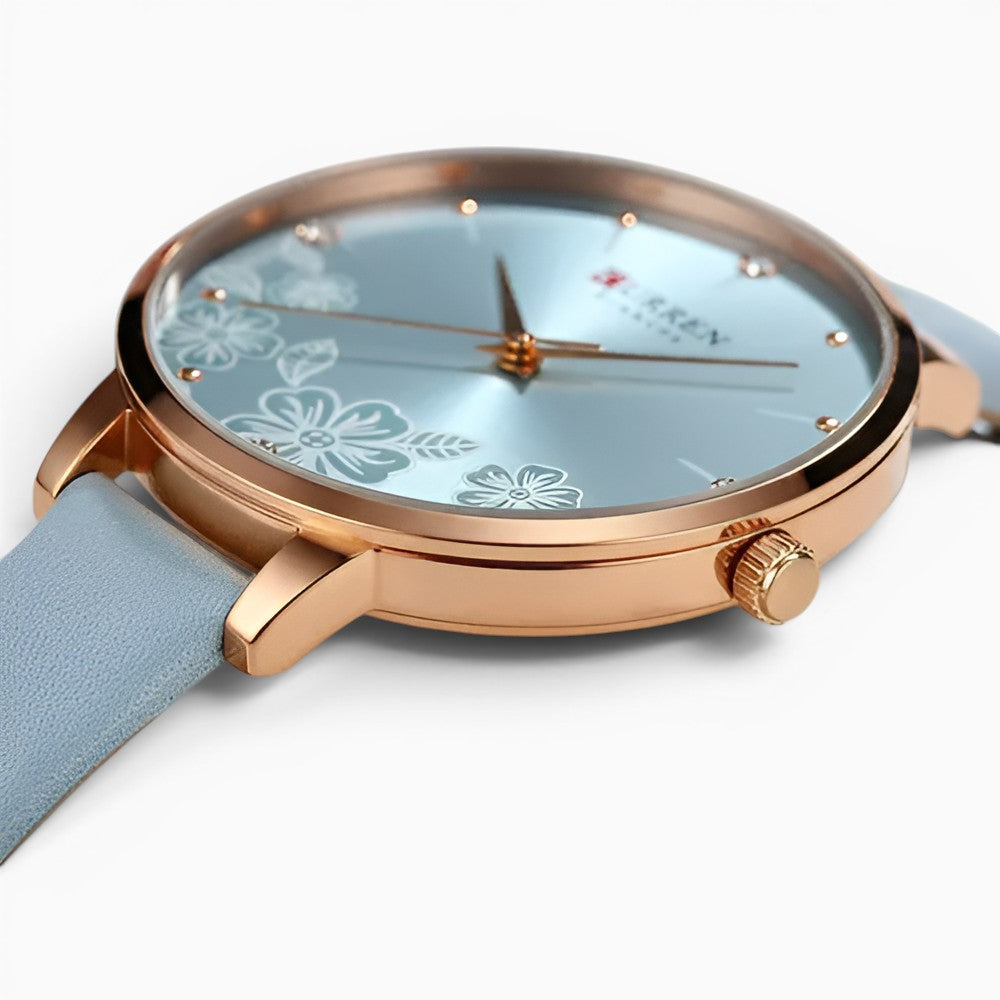 Montre Femme Bleu Ciel Bracelet Cuir Motifs Fleurs