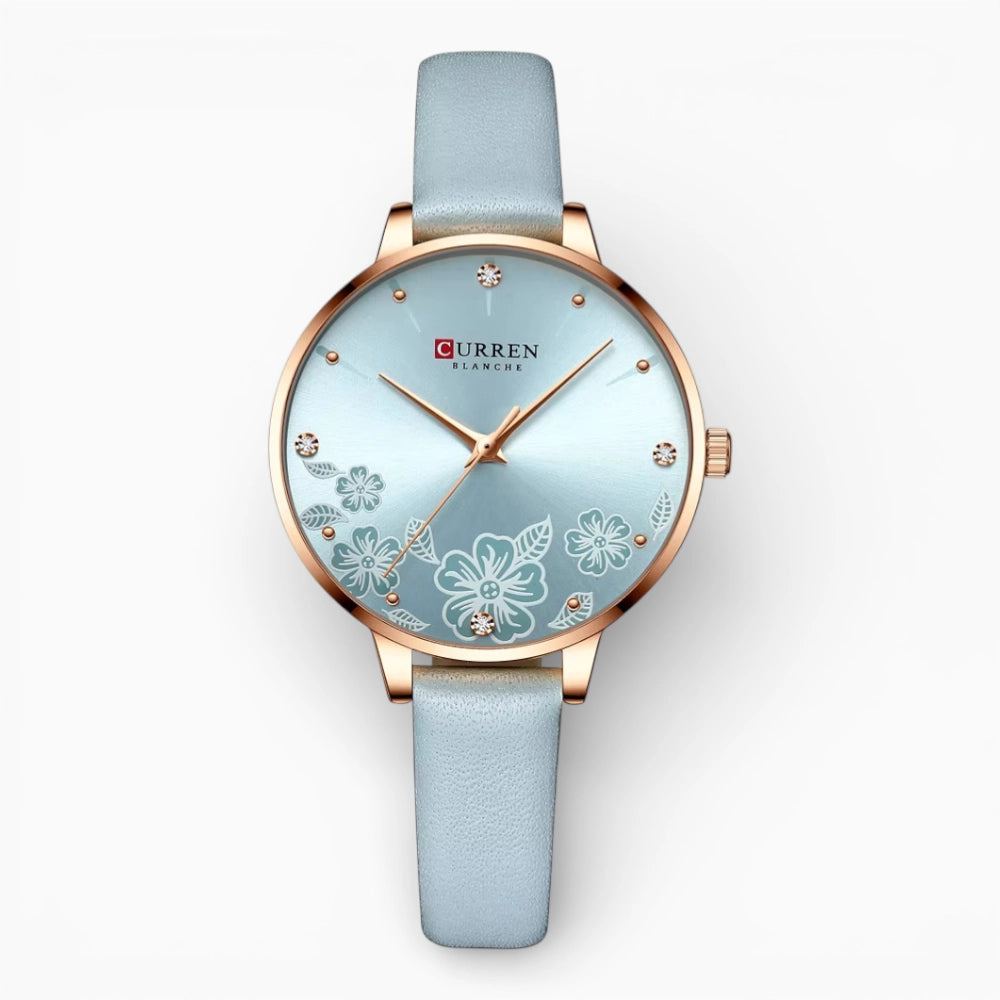 Montre Femme Bracelet Cuir Bleu Ciel  avec Motifs Fleurs