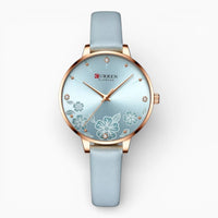Montre Femme Bracelet Cuir Bleu Ciel  avec Motifs Fleurs
