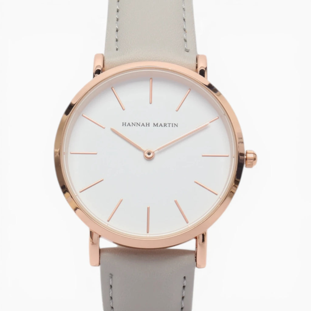 Montre Femme Bracelet Cuir Gris Cadran Blanc 2