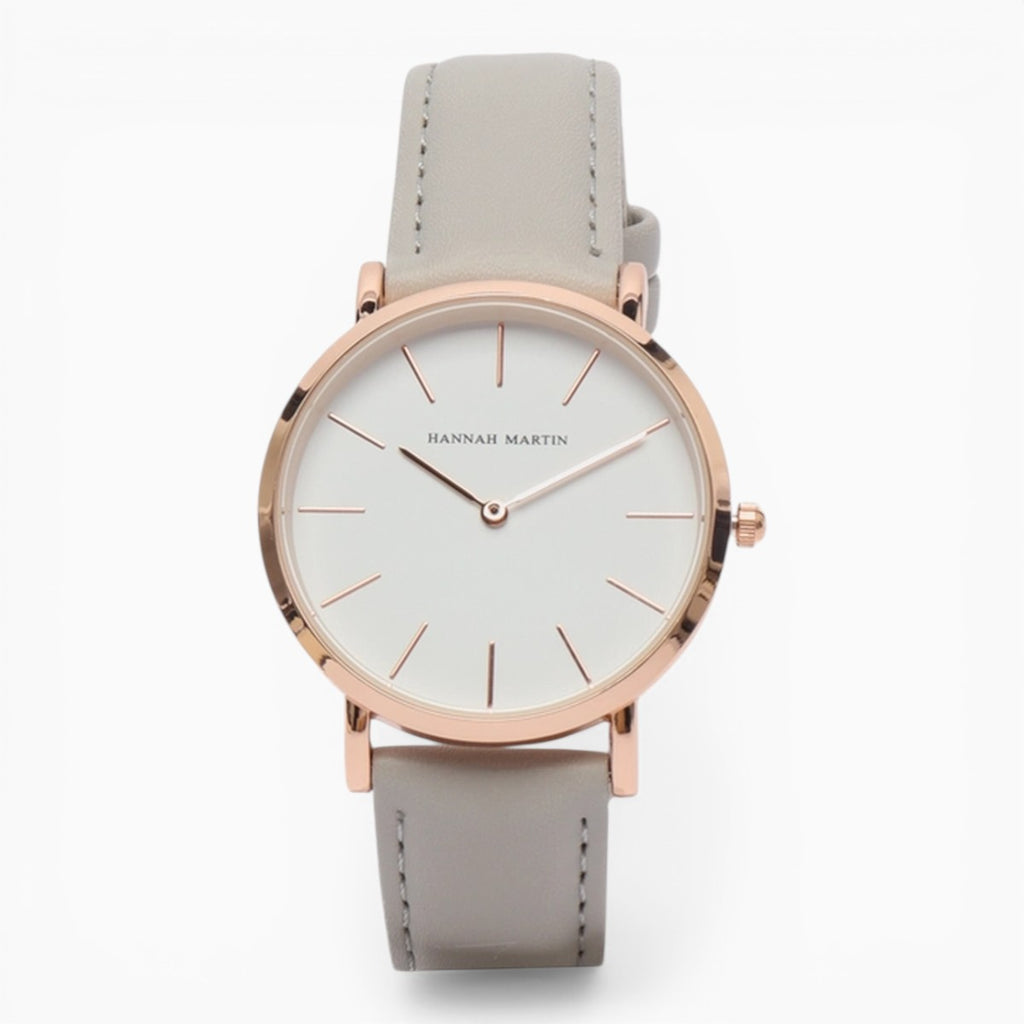 Montre Femme Bracelet Cuir Gris Cadran Blanc