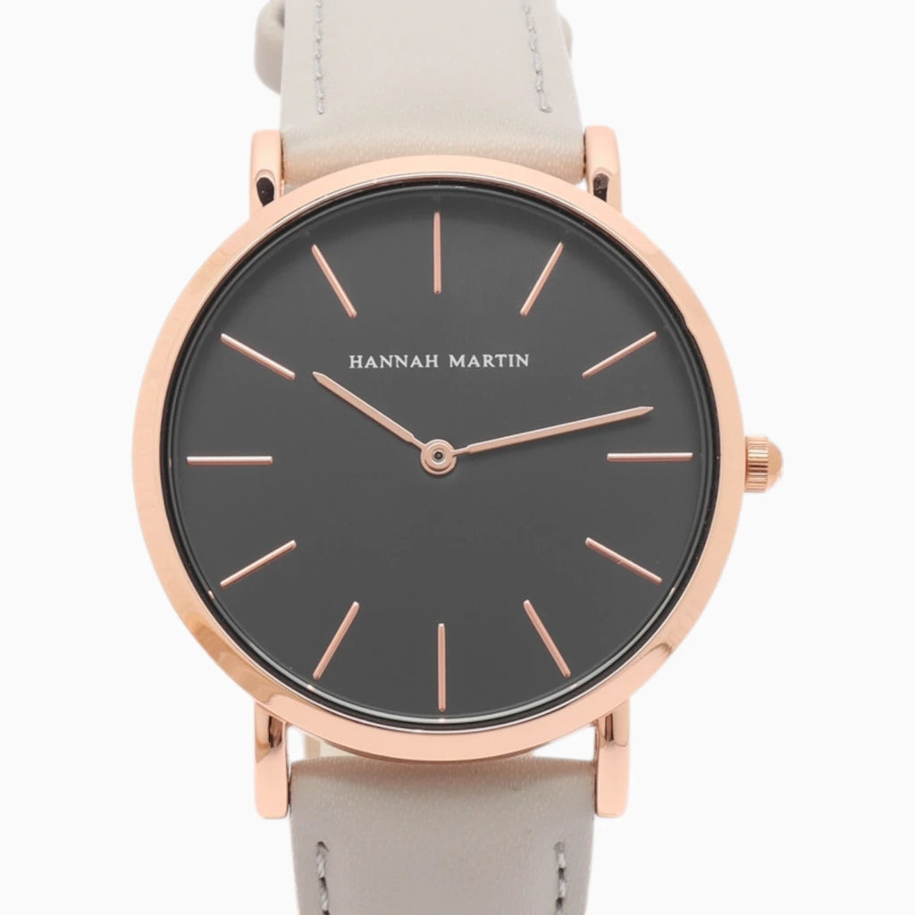 montre femme bracelet cuir gris cadran noir 2