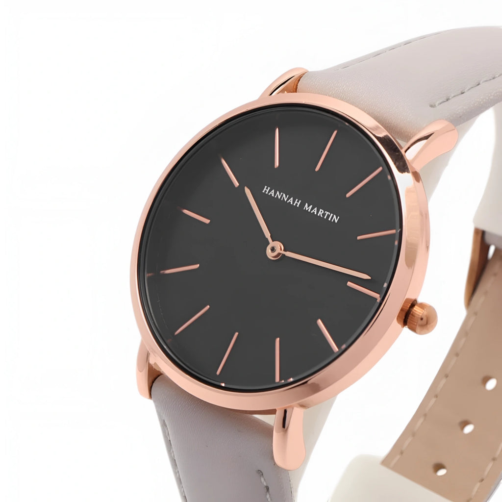 montre femme bracelet cuir gris cadran noir 3