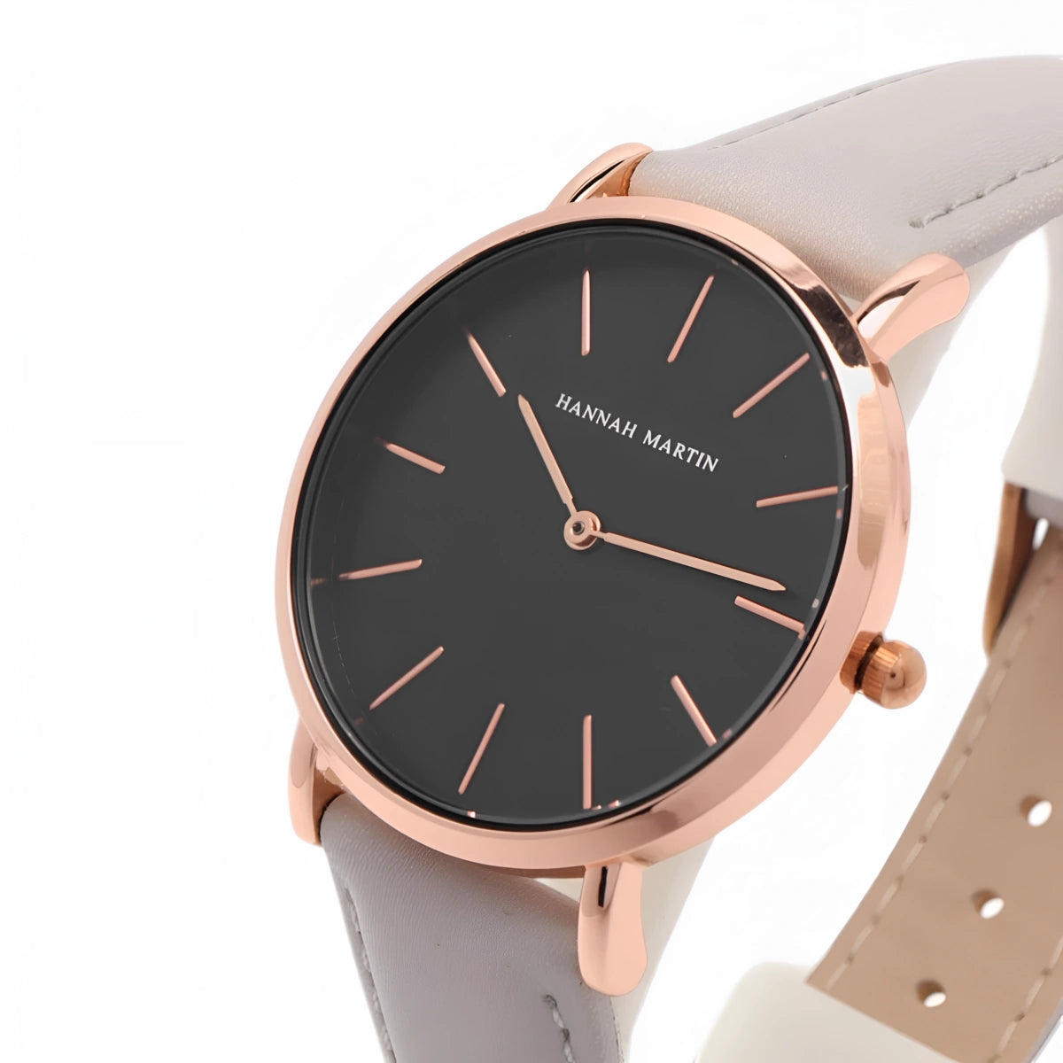 montre femme bracelet cuir gris cadran noir 3