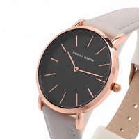 montre femme bracelet cuir gris cadran noir 3
