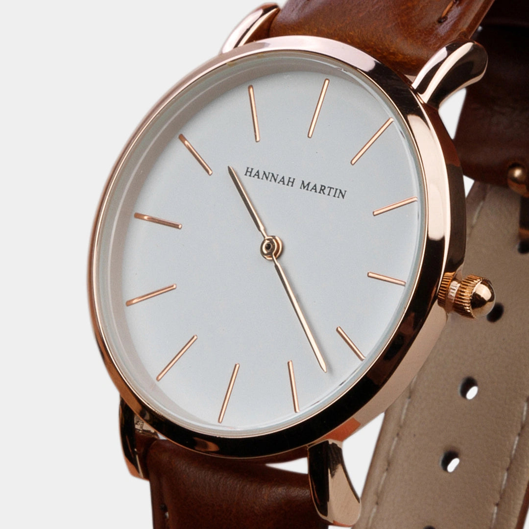 montre femme bracelet cuir marron cadran blanc 3