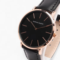montre femme bracelet cuir noir cadran noir 3