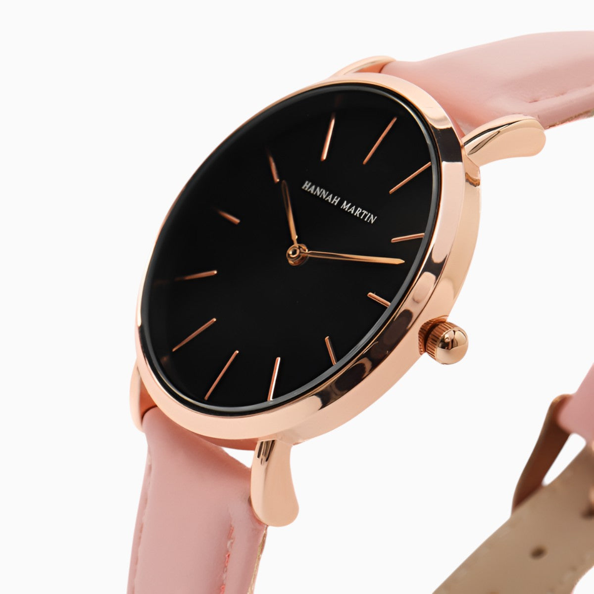montre femme bracelet cuir rose cadran noir 3