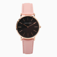montre femme bracelet cuir rose cadran noir