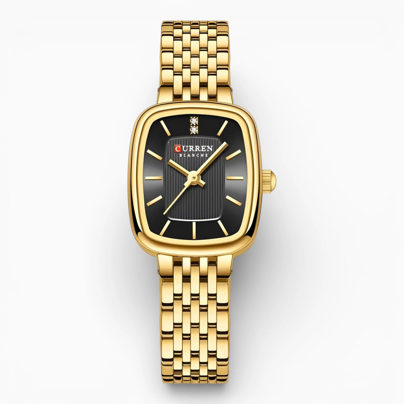 montre femme rectangulaire acier doré cadran noir