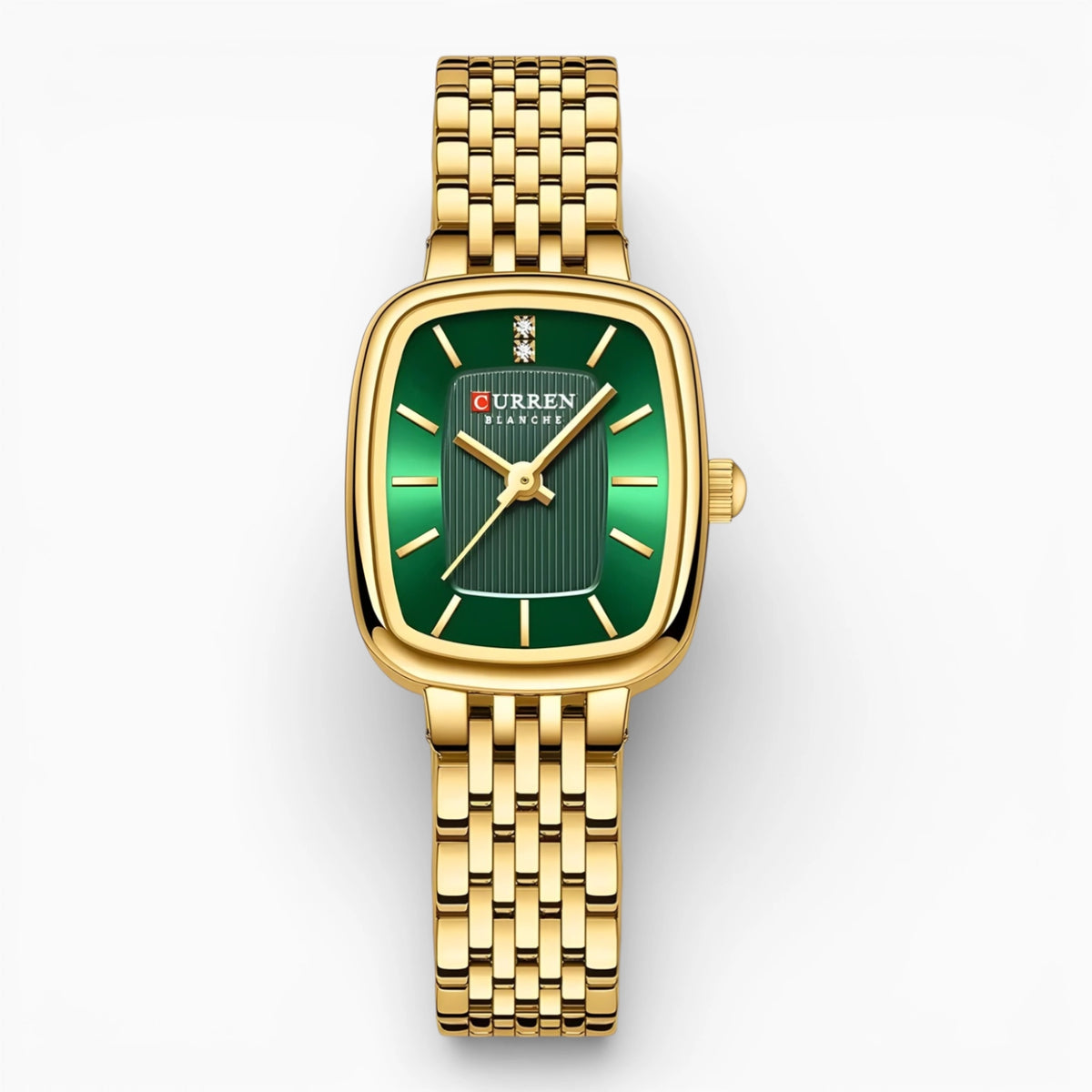 montre femme rectangulaire acier doré cadran vert