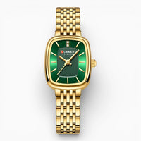montre femme rectangulaire acier doré cadran vert