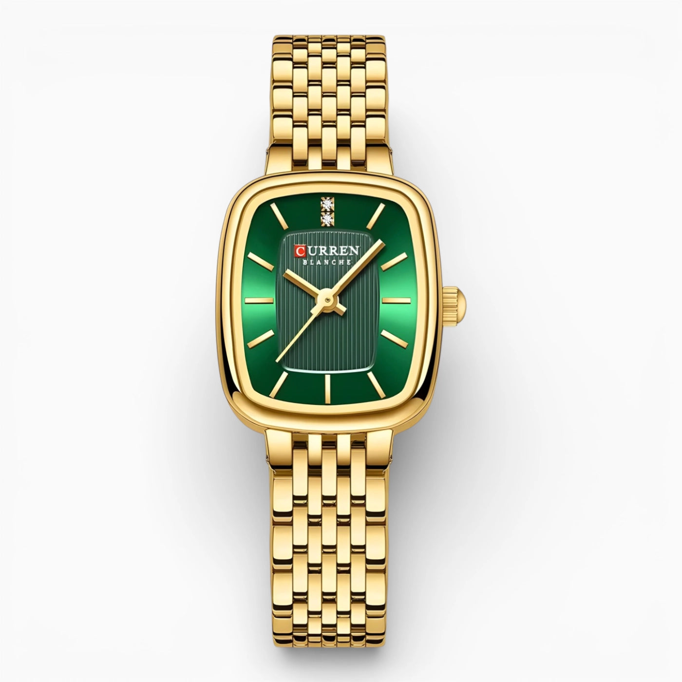 montre femme rectangulaire acier doré cadran vert