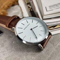Montre Homme Bracelet Cuir Marron Cadran Blanc