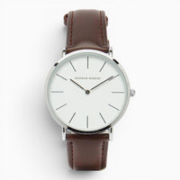 Montre Homme Bracelet Cuir Marron Cadran Blanc