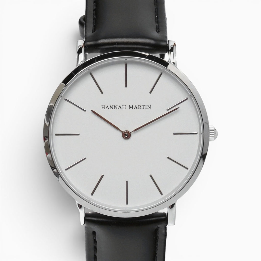 montre homme bracelet cuir noir cadran blanc 2
