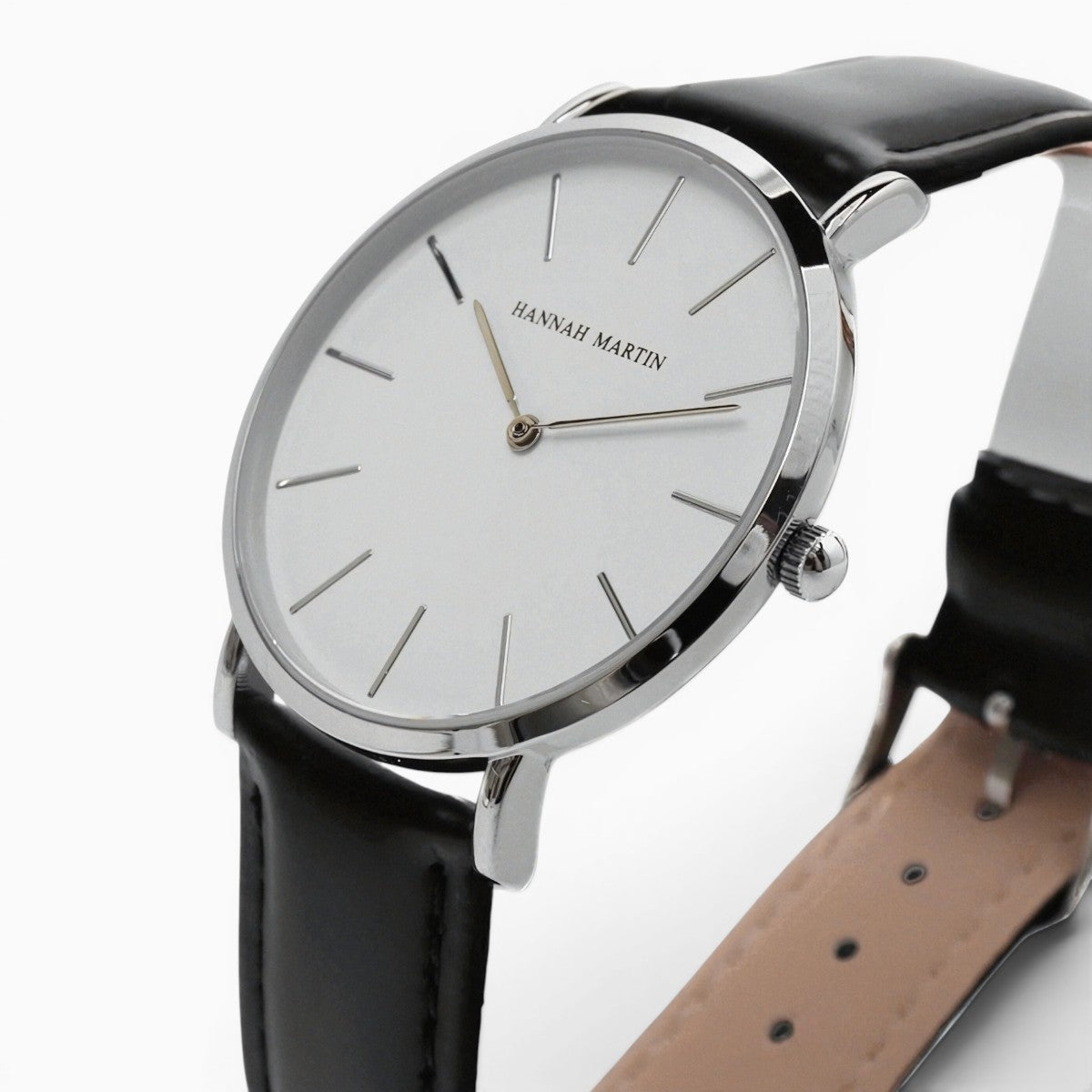 montre homme bracelet cuir noir cadran blanc 3