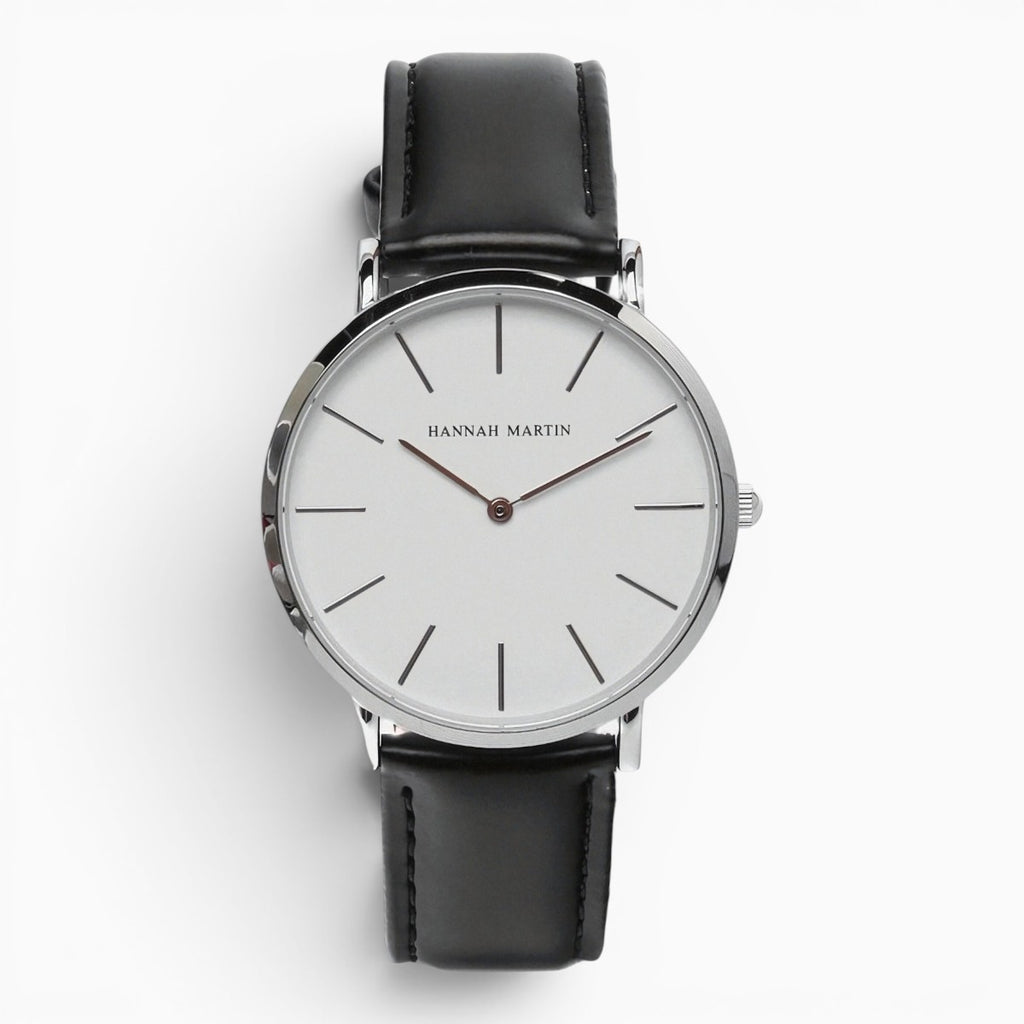 montre homme bracelet cuir noir cadran blanc