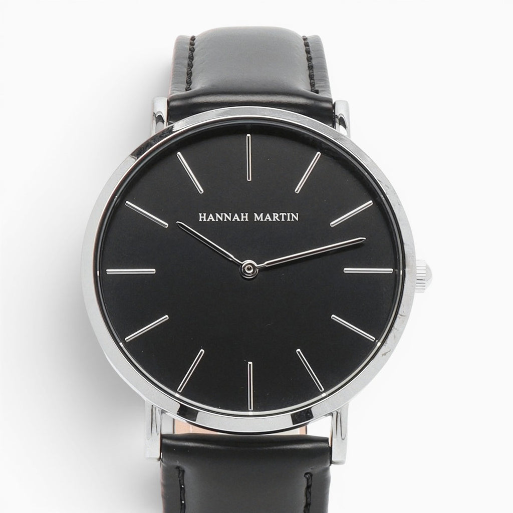 montre homme bracelet cuir noir cadran noir 2
