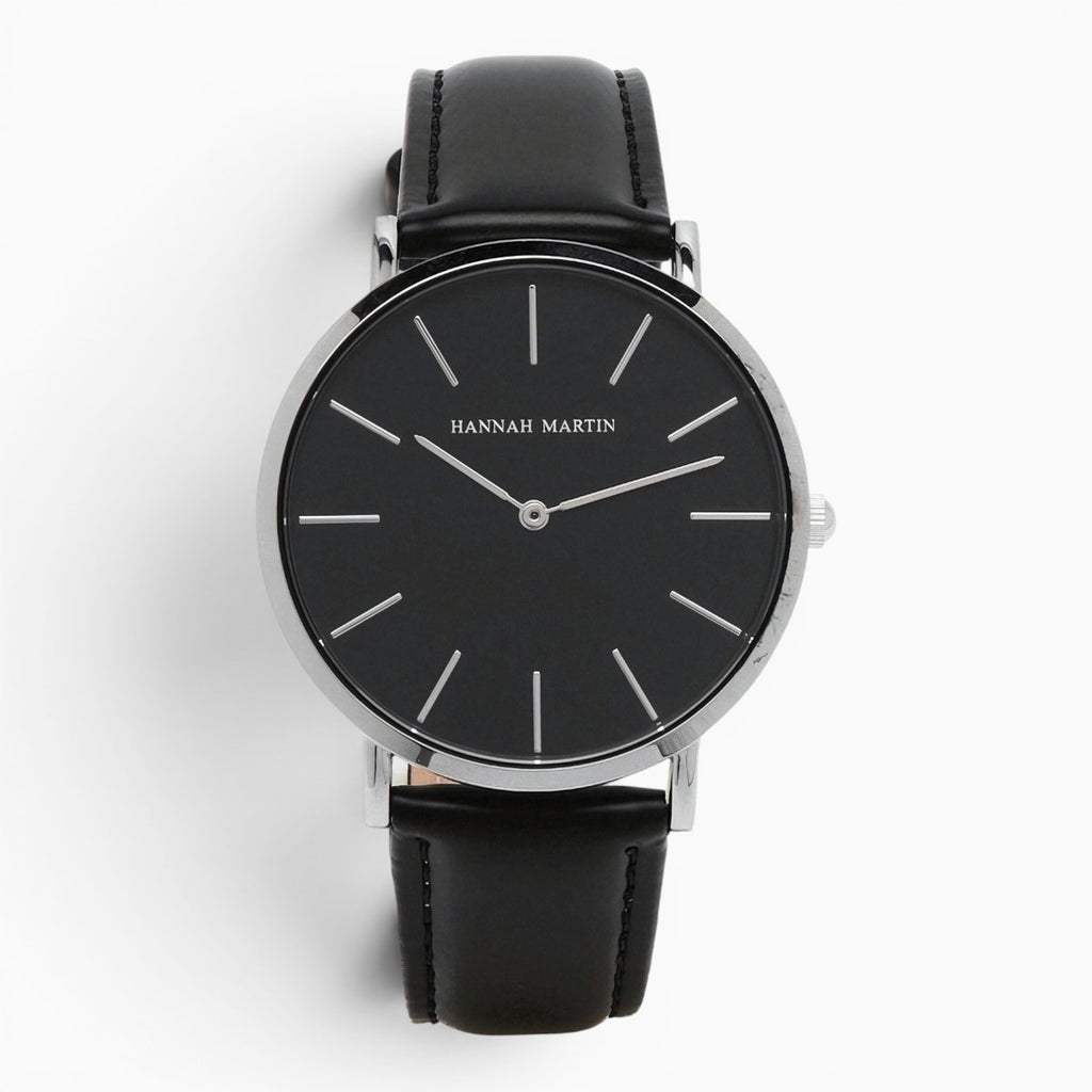 montre homme bracelet cuir noir cadran noir