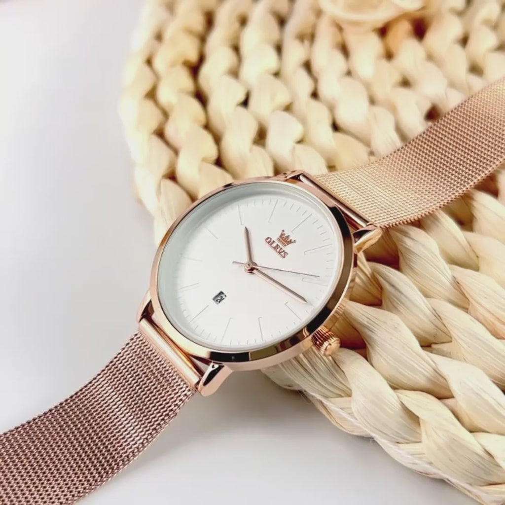 video Montre Femme Bracelet Milanais or rose cadran blanc