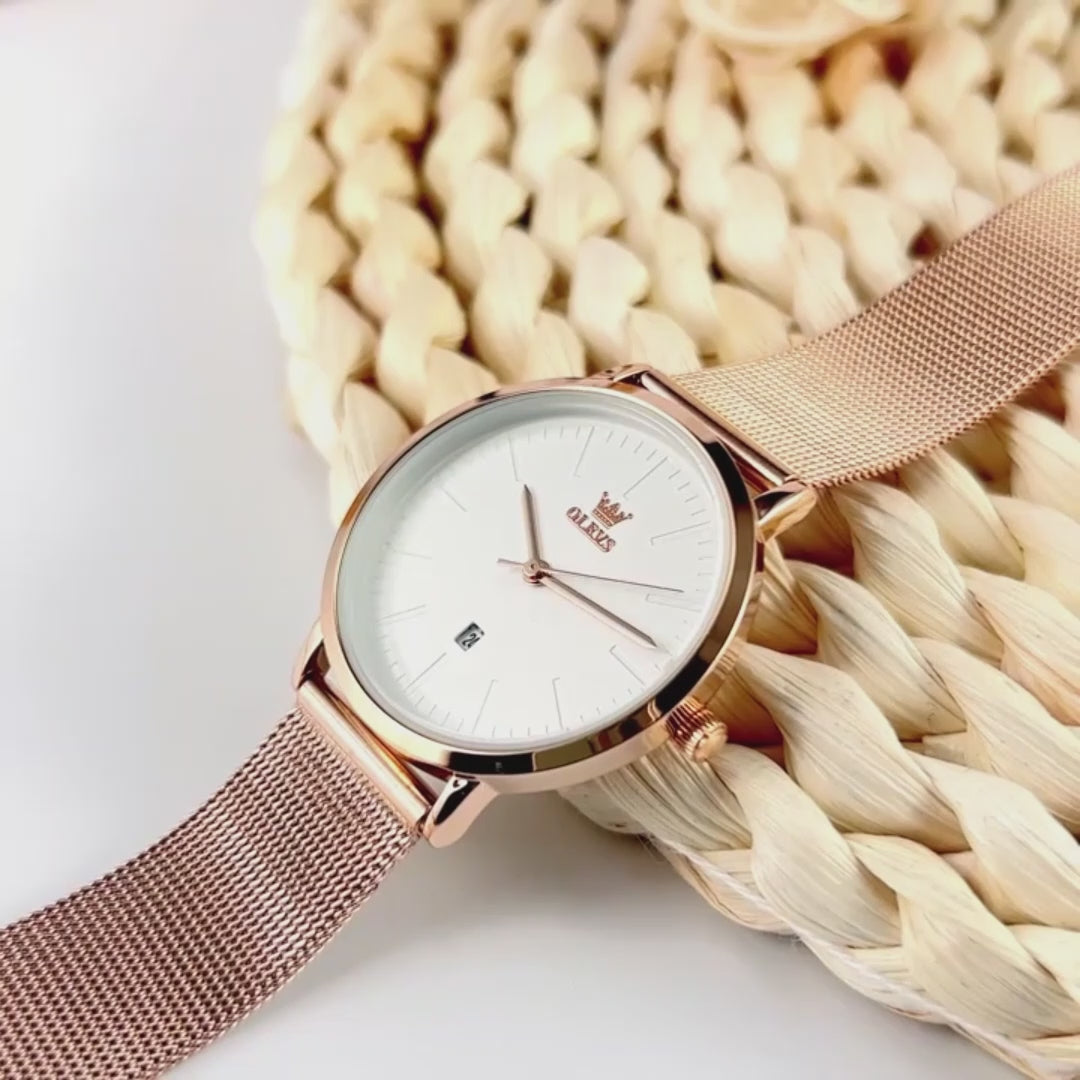 video Montre Femme Bracelet Milanais or rose cadran blanc
