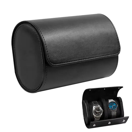 Étui 2 montres cuir noir vue ouvert et fermé