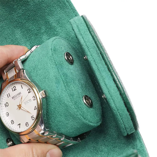 Étui montre cuir vert bouton-pression